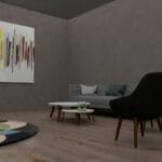 Minimalistyczny salon z nowoczesnymi meblami i abstrakcyjnym obrazem